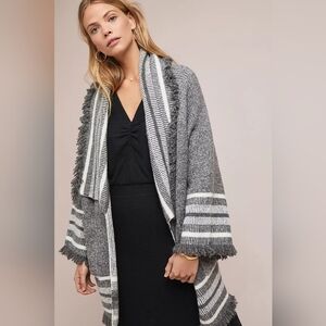 Romeo + Juliet Couture Fringed Kimono Sweater Striped Scarf Collar Side Slit